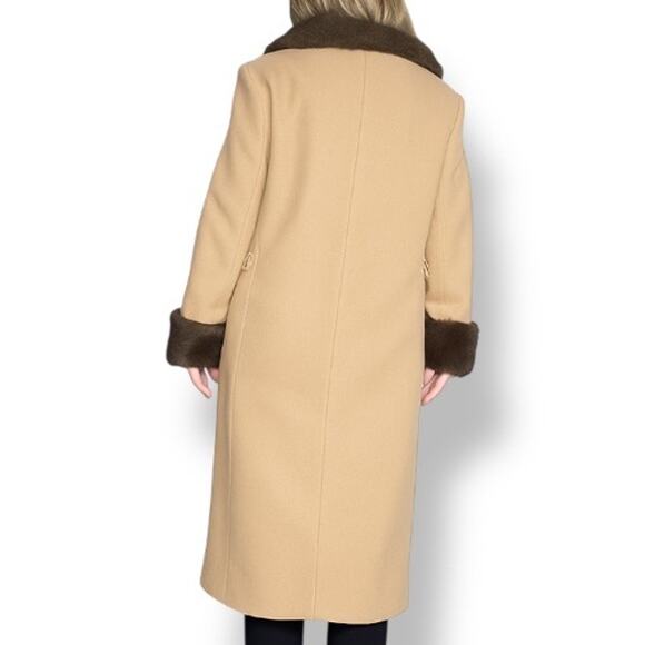 Vintage Camel Wool Coat Faux Fur Collar Cuffs Long Double Breasted 16P Petite - Picture 2 of 15
